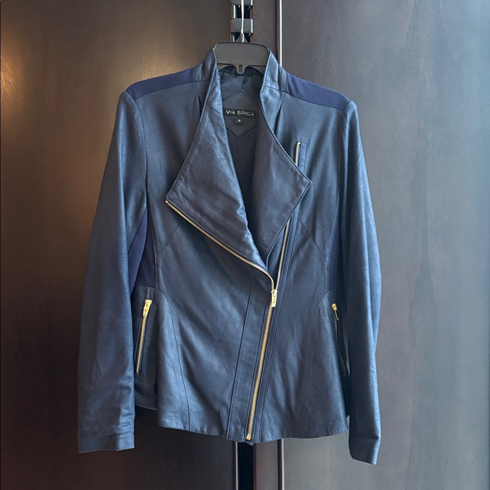 Via Spiga Blue Leather & Knit Peplum-Back Moto Jacket Size M - Picture 4 of 14
